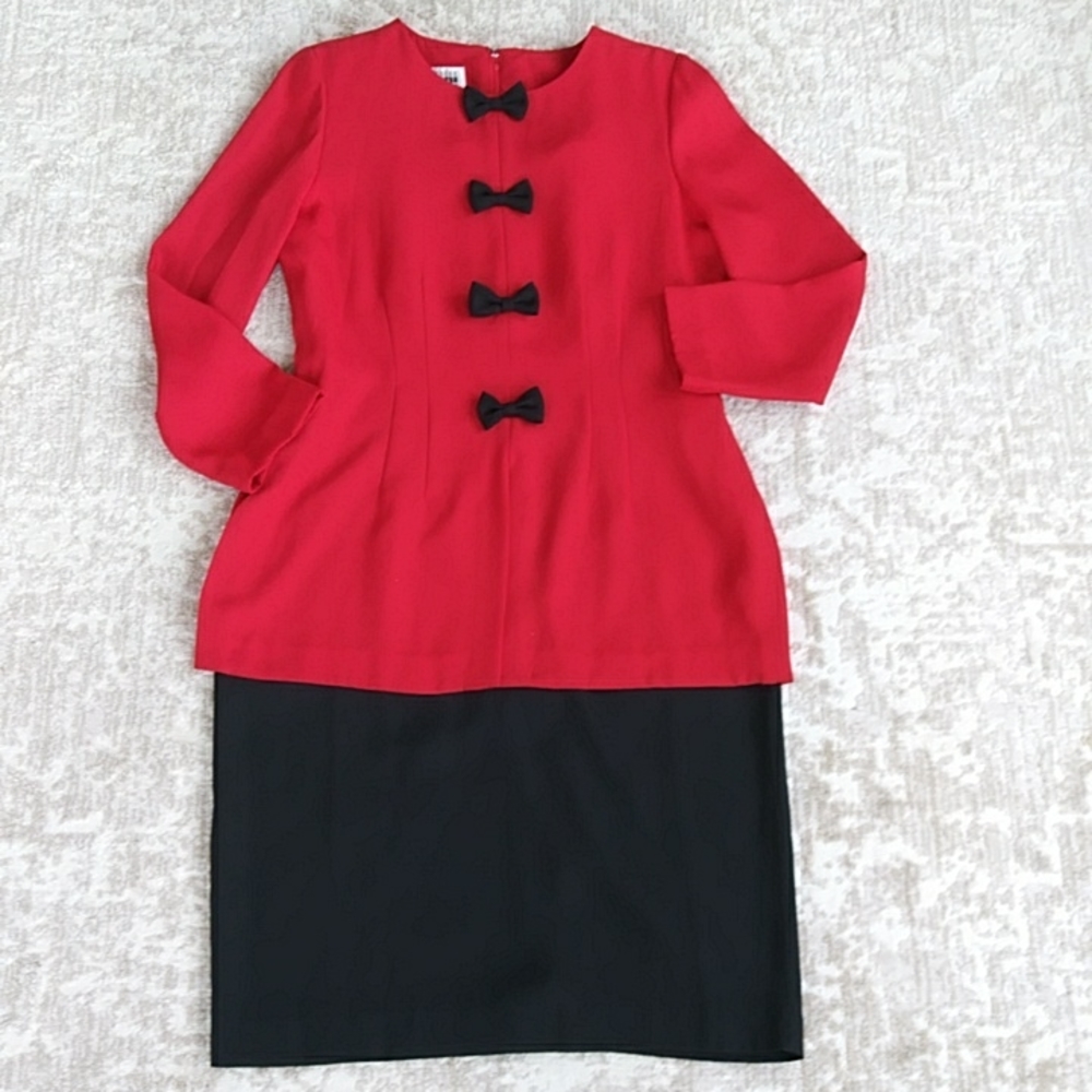 Vintage Leslie Fay Black Bow Tie Dress 10 Red Black